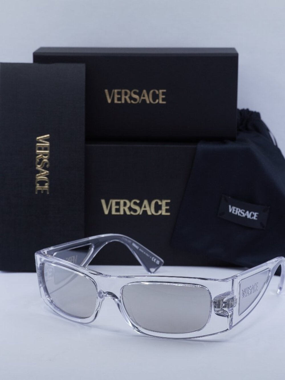 Versace VE4482 148/8V Rectangle Sunglasses – Transparent / Clear Mirror Silver
